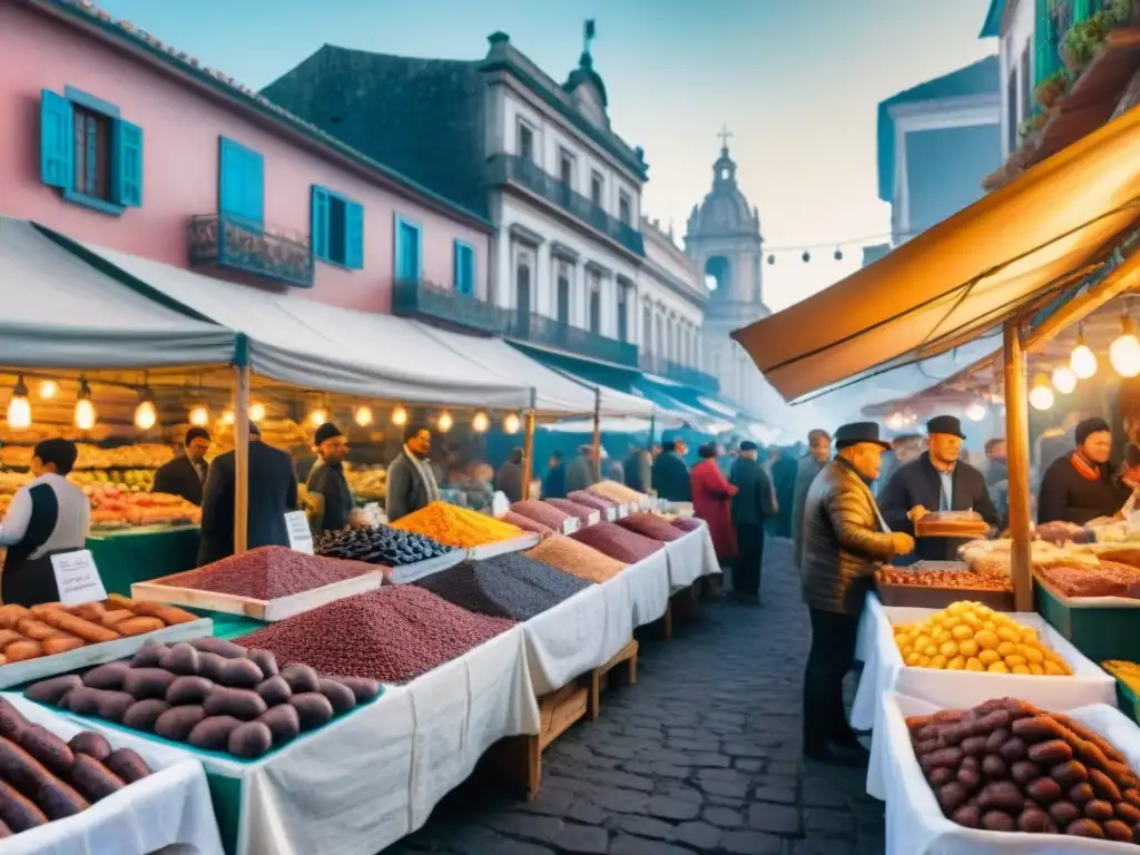 Mercado callejero uruguayo en Carnaval: Morcilla Dulce y alegría Escena vibrante en un mercado uruguayo durante Carnaval, con vendedores de Morcilla Dulce