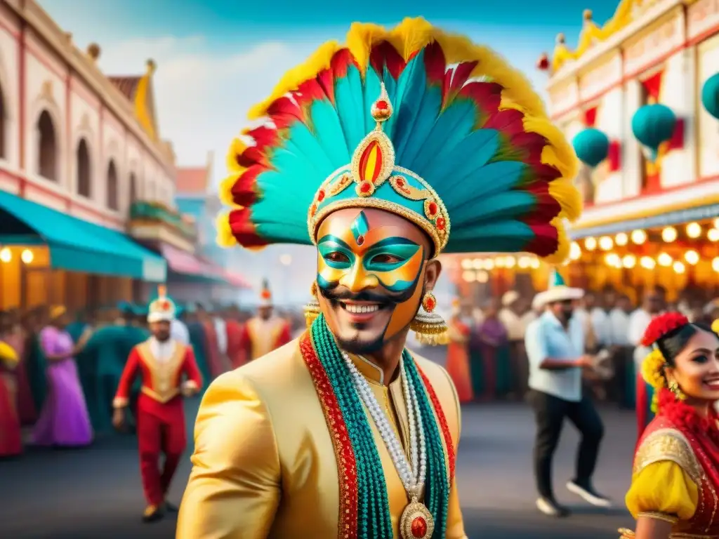 Murga colorida: baile y alegría en el carnaval Escena vibrante de murgas en un carnaval, con trajes coloridos y bailes alegres