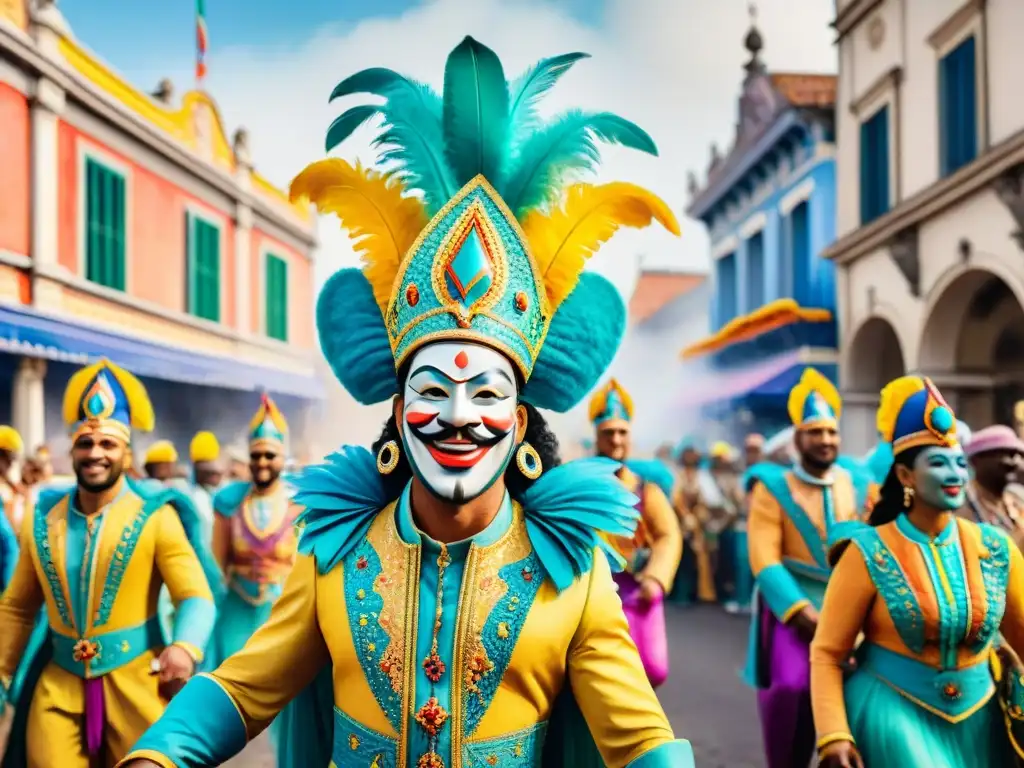 Pintura acuarela detallada: Carnaval vibrante con desfile de coloridos carros y bailarines en trajes elaborados Espectacular desfile de Carnaval con carrozas y bailarines vibrantes, lleno de alegría y color