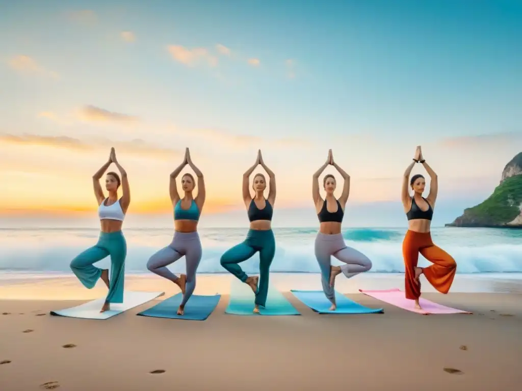 Yoga en la playa al amanecer: acróbatas en vibrante acuarela Estiramientos esenciales para artistas: grupo de artistas de carnaval practicando yoga al amanecer en la playa
