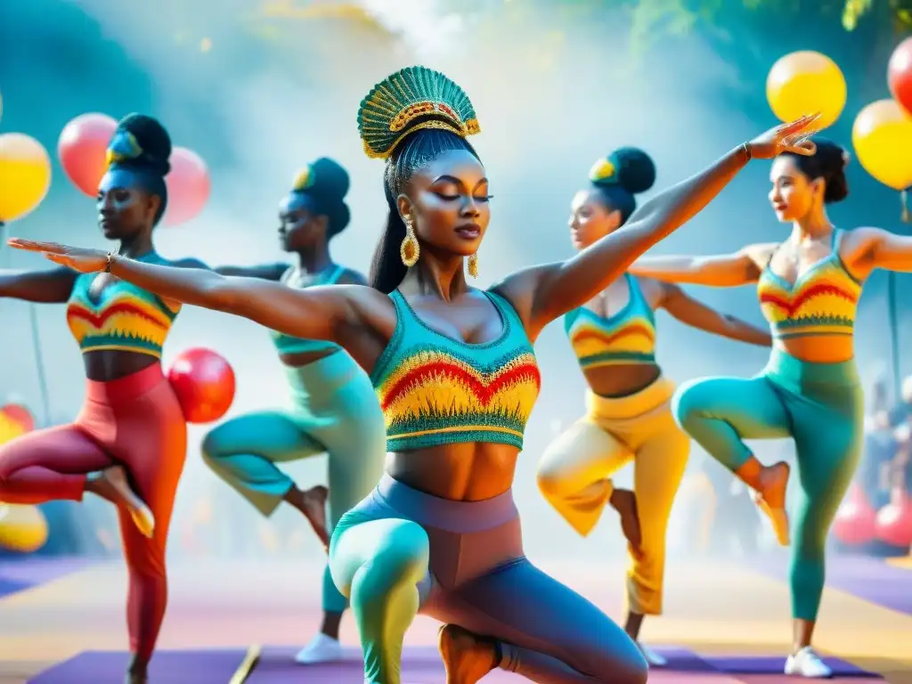 Acrobacias de carnaval: grupo de artistas en poses de yoga Estiramientos esenciales para artistas: Grupo de artistas de carnaval realizando gráciles poses de yoga antes del desfile