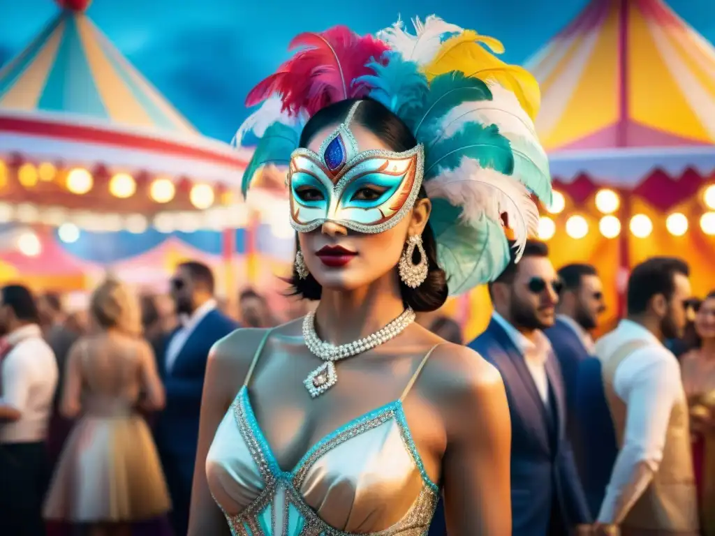 Evento VIP en Carnaval de Uruguay: lujo y color Un evento VIP en el Carnaval Uruguayo: elegancia y color en una ilustración detallada de alta sociedad y festividad
