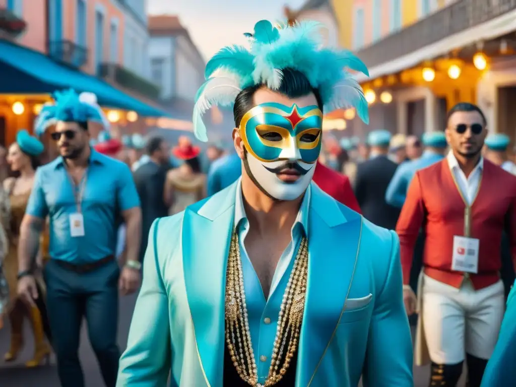 Exclusivo evento VIP en el vibrante Carnaval Uruguayo Evento VIP en el vibrante Carnaval Uruguayo: invitados elegantes bajo coloridas decoraciones, máscaras y trajes festivos