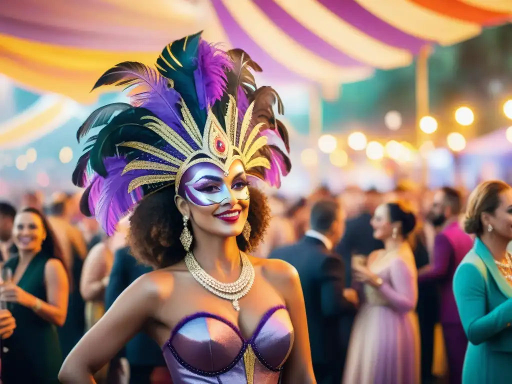 Evento VIP en el Carnaval de Uruguay: lujo y colorido festivo Un evento VIP en el vibrante Carnaval Uruguayo: invitados elegantes bajo coloridas carpas, luces y desfile festivo