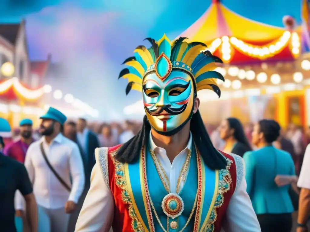 Vibrante Carnaval Uruguayo virtual: Detalles y alegría Evento virtual del Carnaval Uruguayo: detallada pintura acuarela de un vibrante carnaval virtual con decoraciones digitales, coloridos trajes y personas de todas las edades participando alegremente en diversas actividades virtuales como baile, canto y tocando instrumentos virtuales