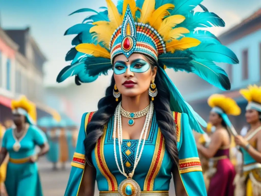 Evolución de trajes de carnaval en Uruguay: de lo ancestral a lo vibrante Evocadora pintura acuarela de la evolución de trajes de carnaval en Uruguay, desde atuendos indígenas hasta vestimentas modernas