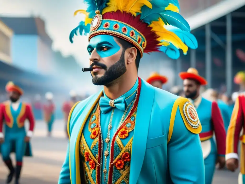 Evolución trajes de carnaval en Uruguay: de tradicionales a modernos Evocadora ilustración acuarela de la evolución del vestuario Carnaval Uruguay, de lo tradicional a lo moderno