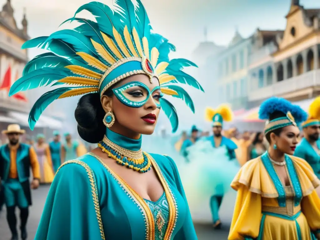 Evolución del diseño de Carnaval en Uruguay: tradición y vanguardia Evocadora ilustración acuarela del diseño de vestuario del Carnaval Uruguayo, fusionando tradición y vanguardia en colores vibrantes
