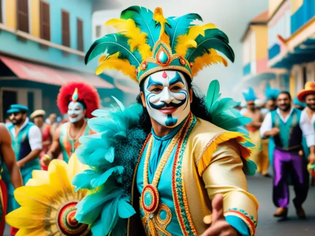 Carnaval en Uruguay: Diversión y Colorido Éxito Carnaval Uruguayo TikTok tácticas: Grupo diverso en vibrante carnaval de Uruguay, danzando con alegría en la calle