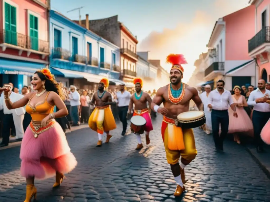 Carnaval en Uruguay: Danzas coloridas y alegría en las calles históricas Experiencia auténtica Carnaval Uruguayo: Desfile vibrante con bailarines y tambores en calles históricas de Uruguay al atardecer