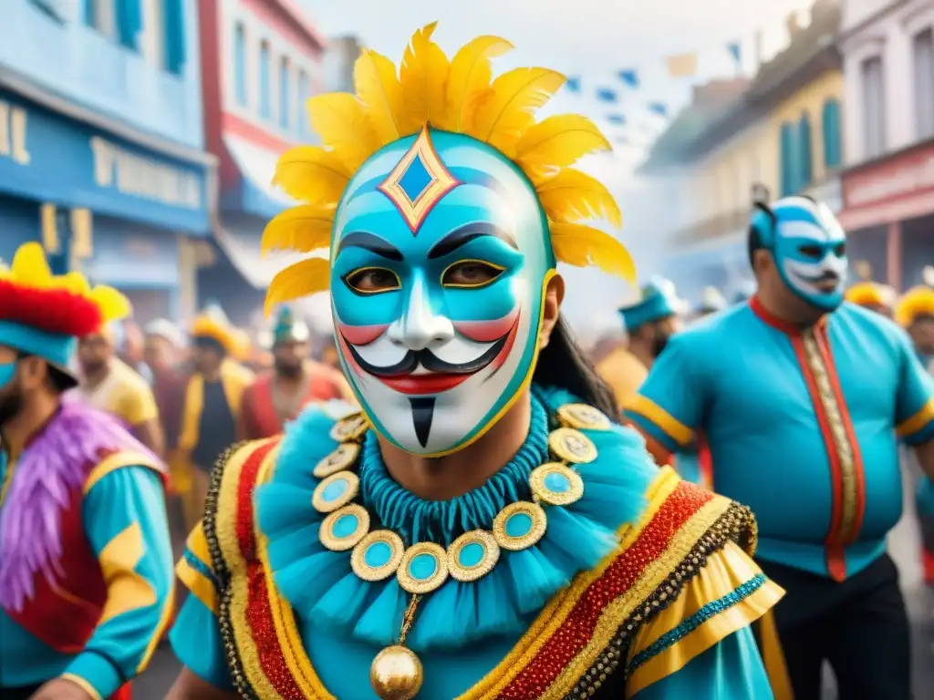 Carnaval colorido en Uruguay: diversidad artística en movimiento Experiencia extranjeros Carnaval Uruguayo: Desfile vibrante con artistas y música, máscaras coloridas y alegría en el aire