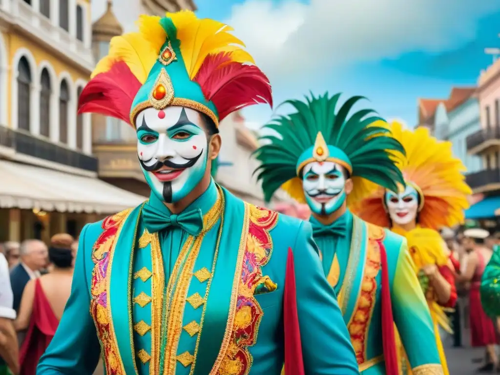 Bailarines de zancos en Carnaval de Uruguay Experiencia zancudos carnaval Uruguay: Coloridos zancudos en fiesta callejera con espectadores y confeti