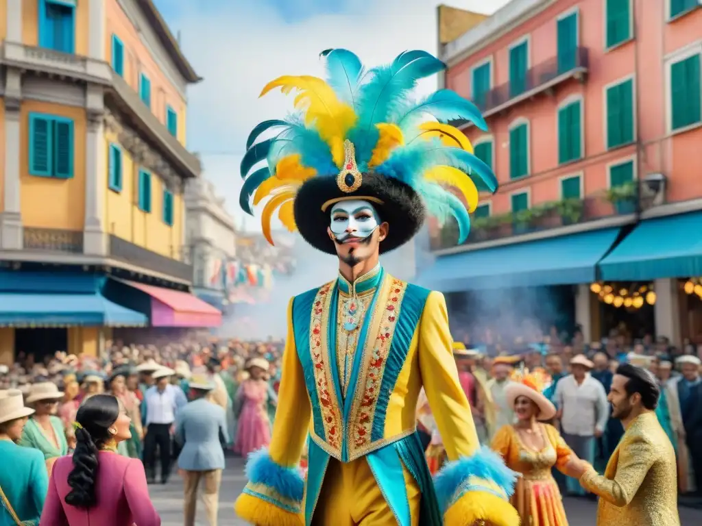 Zancudos del Carnaval: Acuarela vibrante de Montevideo Experiencia zancudos carnaval Uruguay: Acuarela detallada de zancudos desfilando en el Carnaval de Montevideo