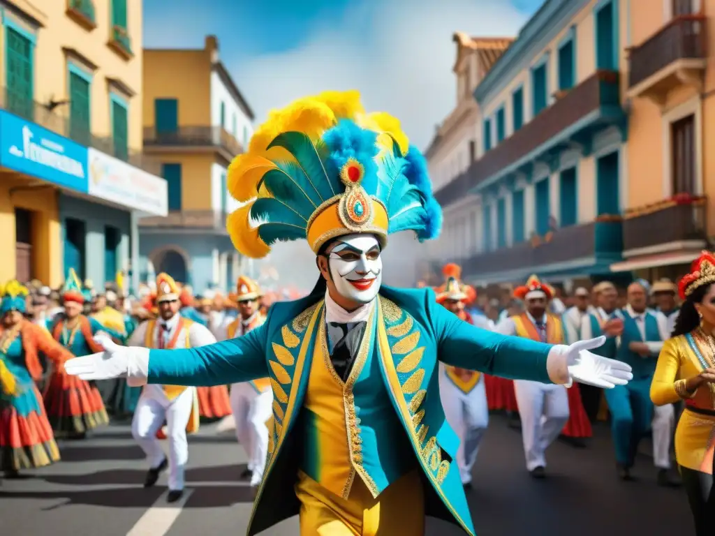 Carnaval Uruguayo: Vibrante desfile de color y alegría Experiencias inmersivas Carnaval Uruguayo: Desfile vibrante con bailarines, carrozas y música tradicional en las calles festivas
