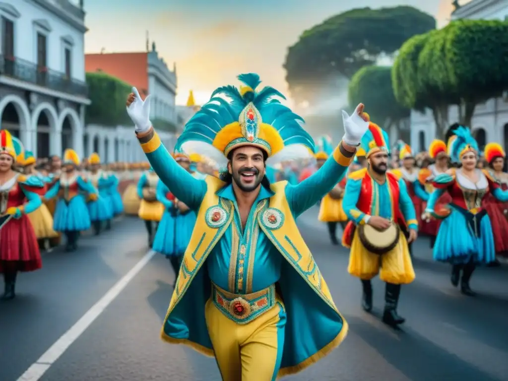 Deslumbrante Carnaval en Uruguay: ilustración acuarela vibrante Experiencias inmersivas en el Carnaval Uruguayo: Desfile vibrante con coloridos trajes, carrozas y bailarines en un escenario colonial