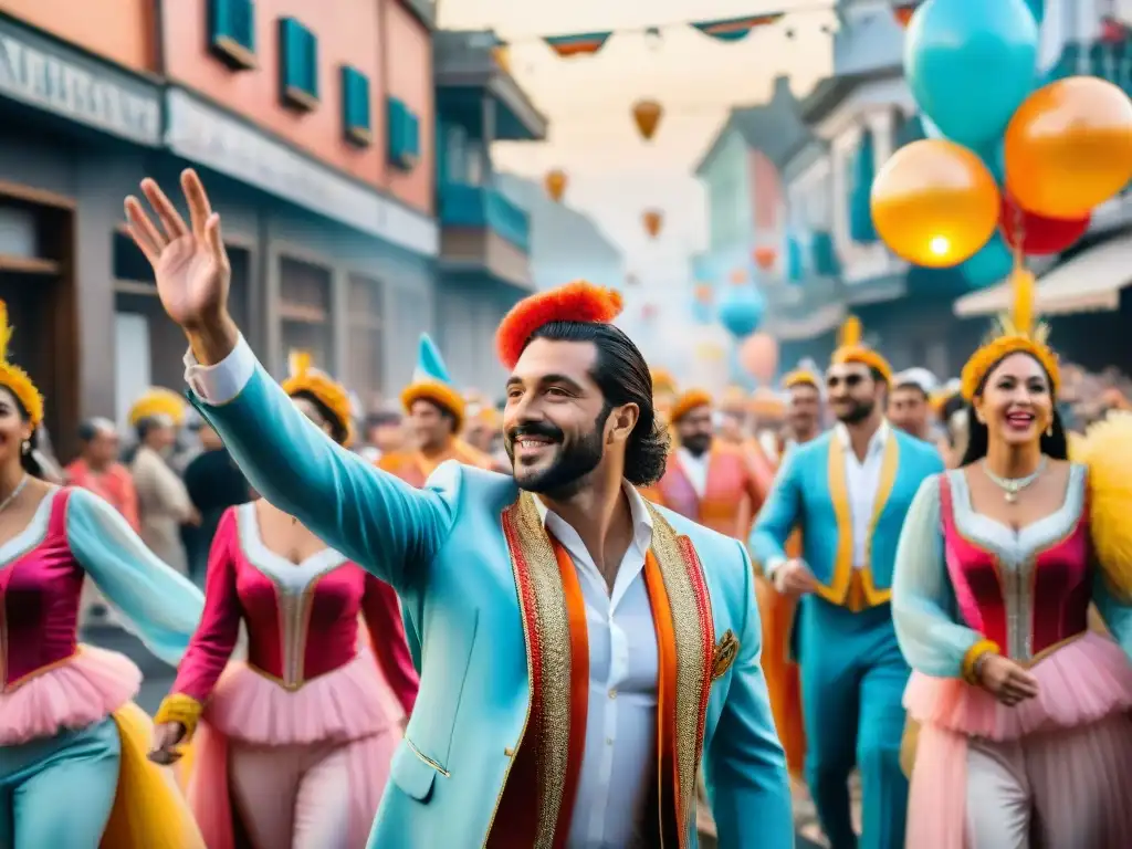 Desfile vibrante de carnaval en Uruguay Experiencias inolvidables Carnaval Uruguay: Desfile colorido y alegre con música tradicional y espectadores felices