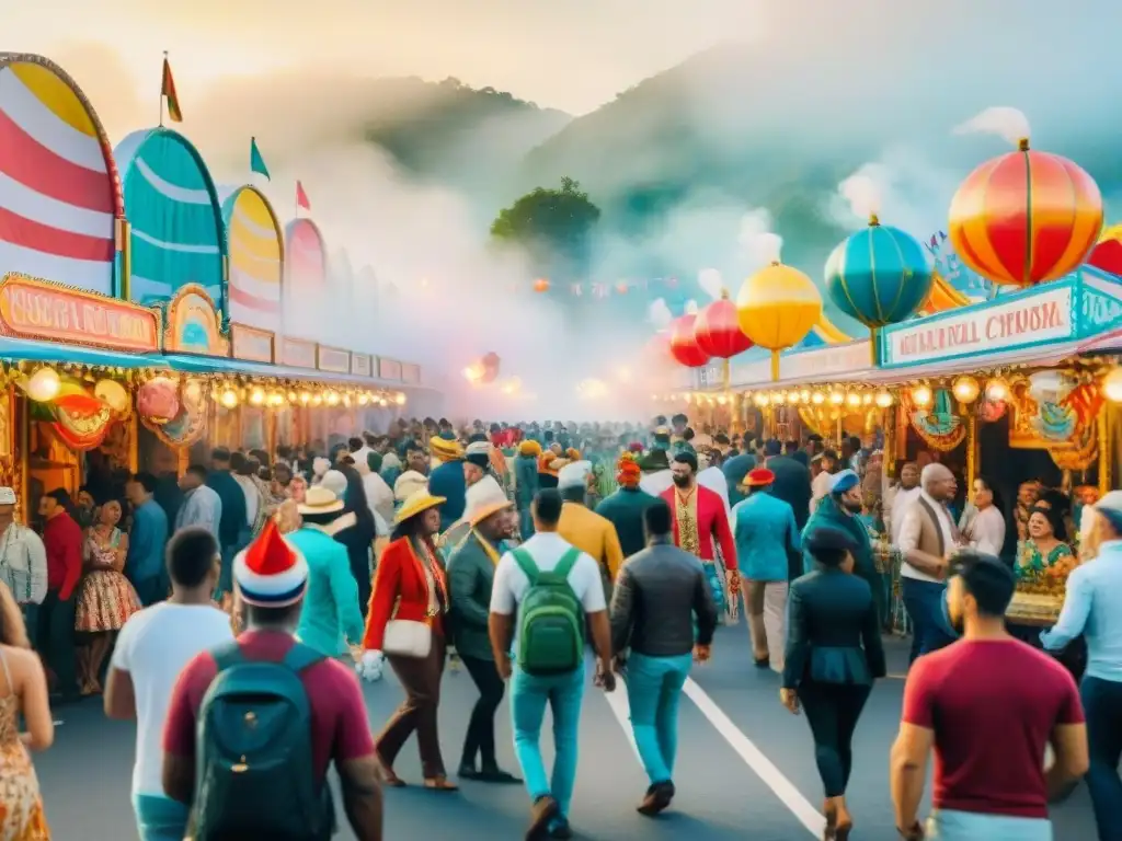 Carnaval vibrante: colorido desfile y alegría festiva Experiencias de marca en Carnaval: Ilustración acuarela vibrante de calle de carnaval con música alegre y multitudes felices