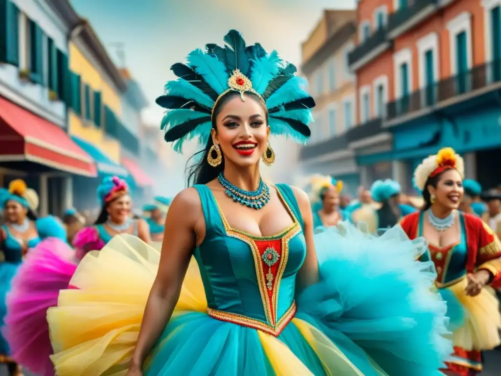 Explosión de color y alegría: Carnaval Uruguayo Explosión de color y alegría en pintura acuarela del Carnaval Uruguayo, con bailarines, música y multitudes animadas
