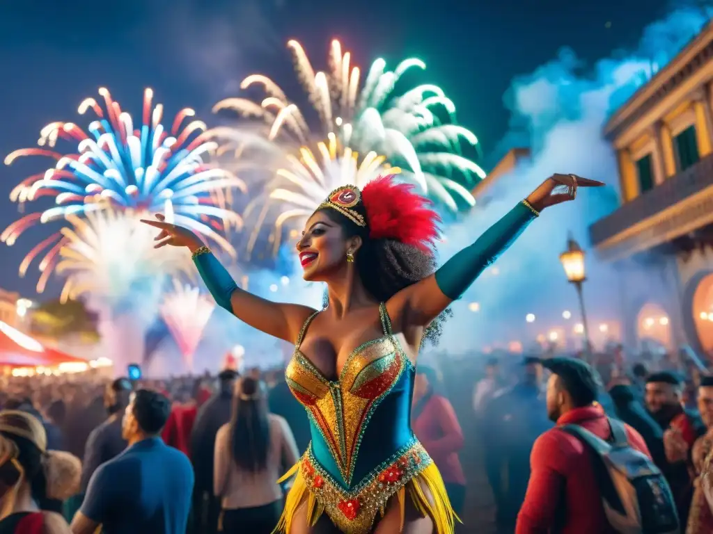 Espectáculo de fuegos artificiales en el Carnaval Uruguayo Explosión de colores en el cielo nocturno del Carnaval Uruguayo con fuegos artificiales deslumbrantes y celebración alegre