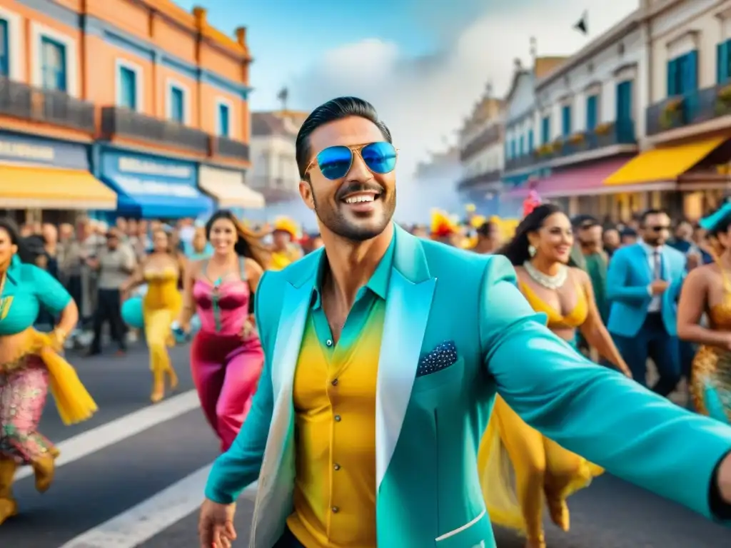 Colorida pintura acuarela del Carnaval Uruguayo Explosión de emociones en el Carnaval Uruguayo: coloridos desfiles, bailarines y espectadores animados en las calles