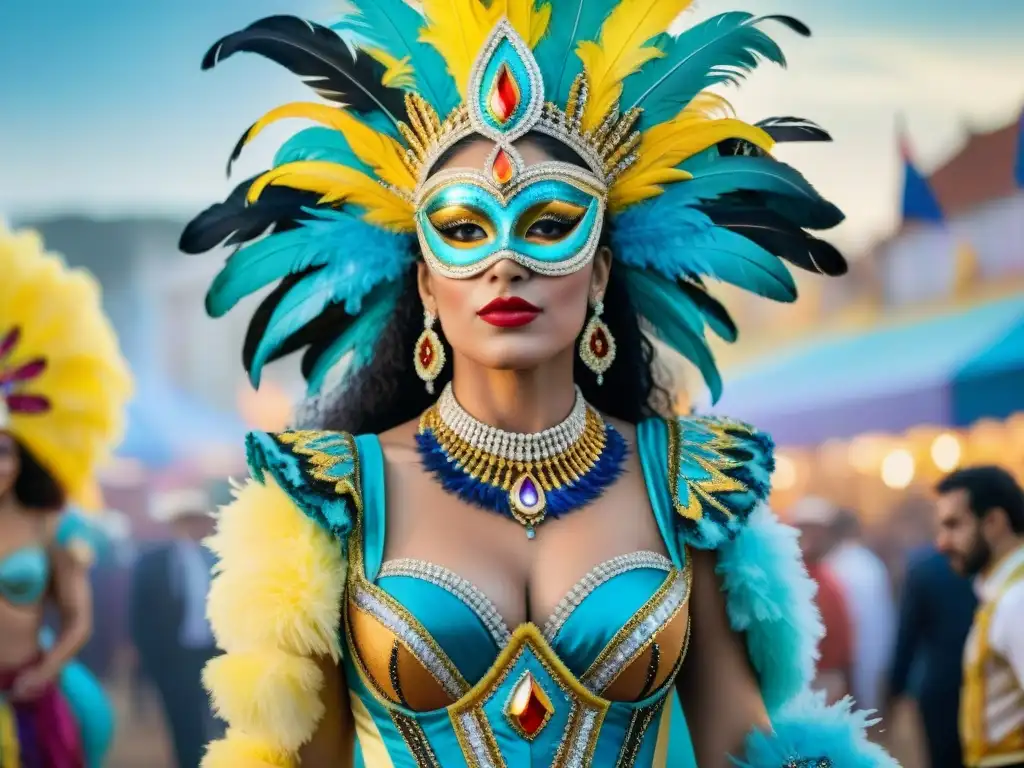 Deslumbrantes trajes de vedettes en Uruguay: una explosión de color y arte Exquisitos trajes de vedettes en Carnaval Uruguay, reflejando la historia y la creatividad