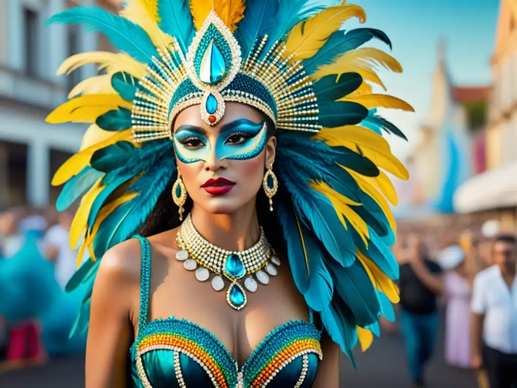 Traje de Carnaval uruguayo: joyas y plumas vibrantes Un exuberante traje de carnaval uruguayo, con joyas ocultas y plumas, capturando la esencia de la moda festiva