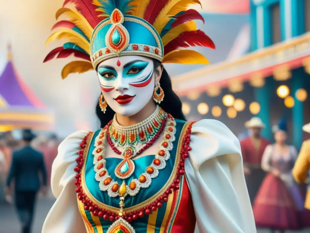 Traje de Carnaval histórico: vibrante y detallado Un exuberante traje histórico de Carnaval con bordados intrincados y vibrantes colores, en medio de un desfile festivo