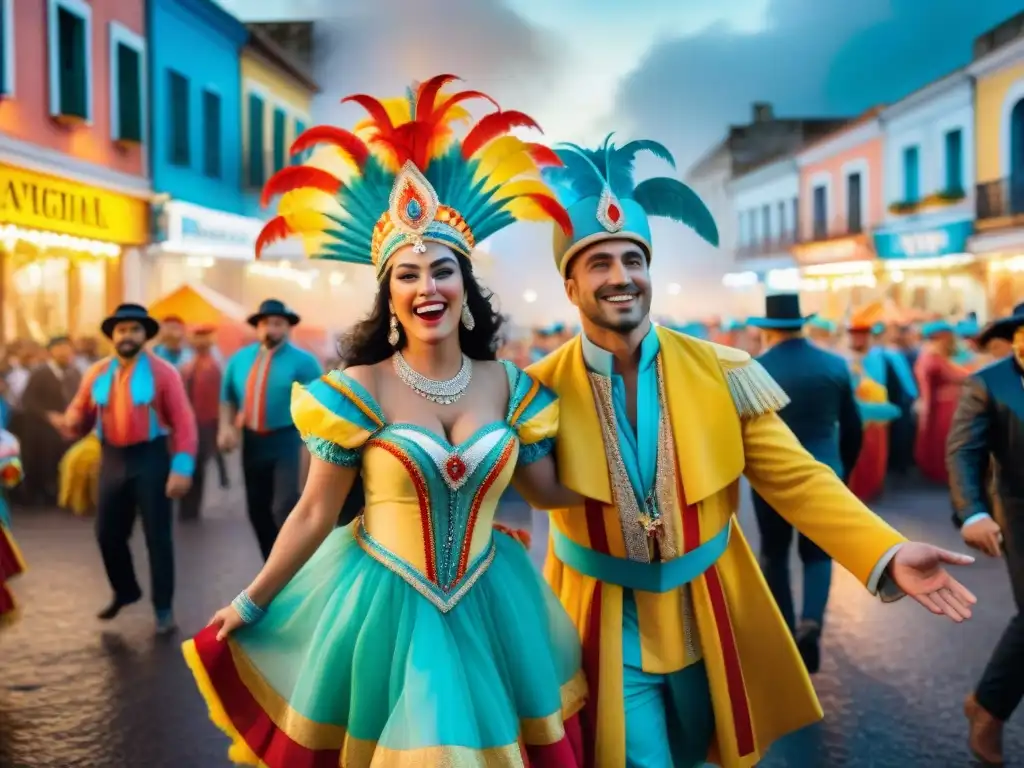 Familia alegre en el Carnaval de Uruguay Familia alegre en Carnaval Uruguayo, paquetes familiares, danza y colorido desfile festivo