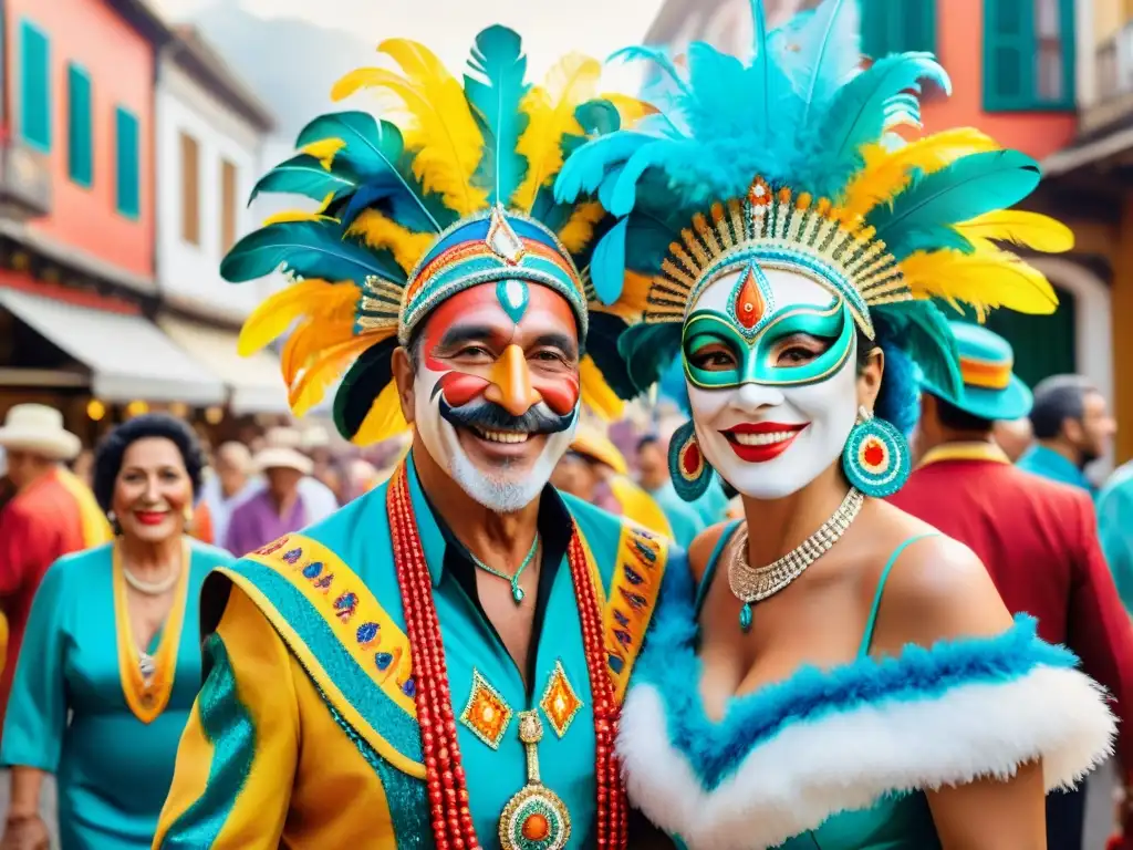 Retrato familiar uruguayo en Carnaval: tradición y alegría Una familia uruguaya multigeneracional se prepara para el Carnaval, con trajes vibrantes y rostros llenos de orgullo y alegría