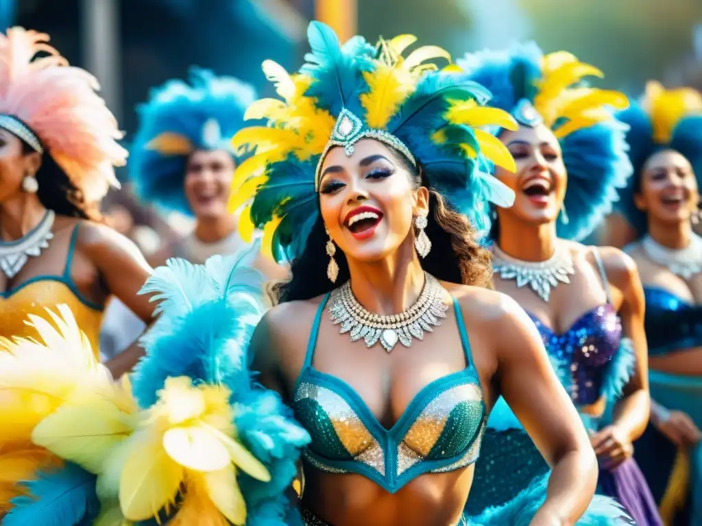 Danza vibrante en Carnaval: fusión de tradiciones brasileñas y uruguayas Fascinante ilustración acuarela de bailarines en trajes brillantes, inspirada en el Carnaval de Brasil