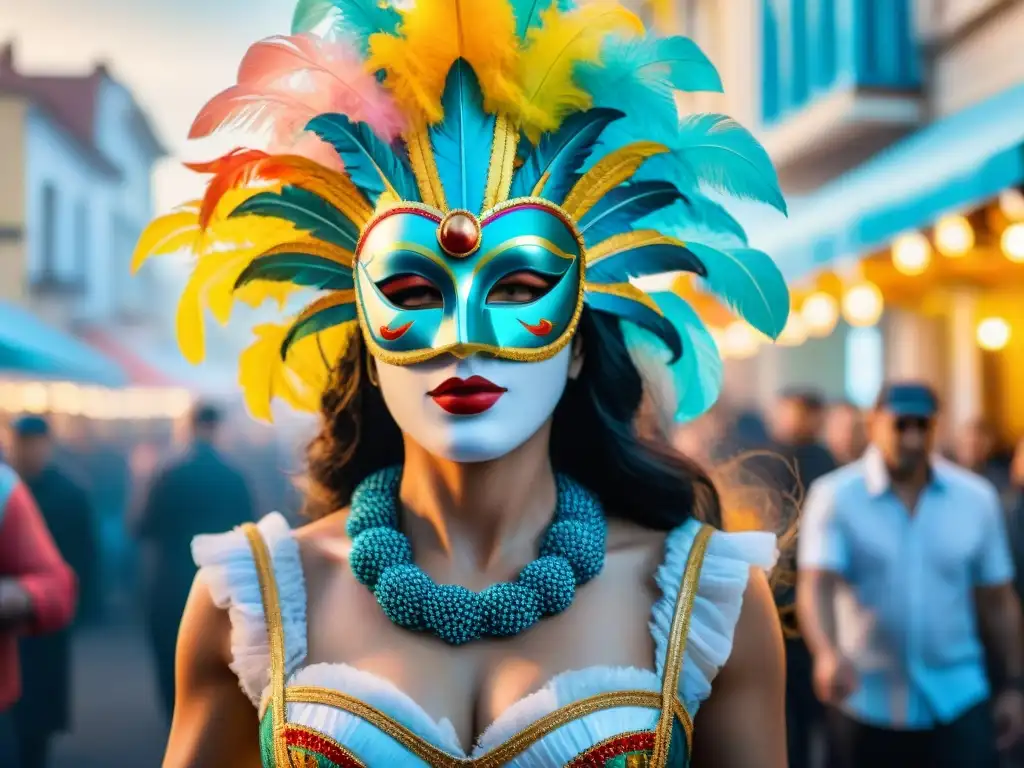 Deslumbrante Carnaval en Uruguay: Máscaras y Baile Festejo en Uruguay con máscaras y trajes coloridos, desfile animado y música, destacando la iluminación escenarios Carnaval Uruguay