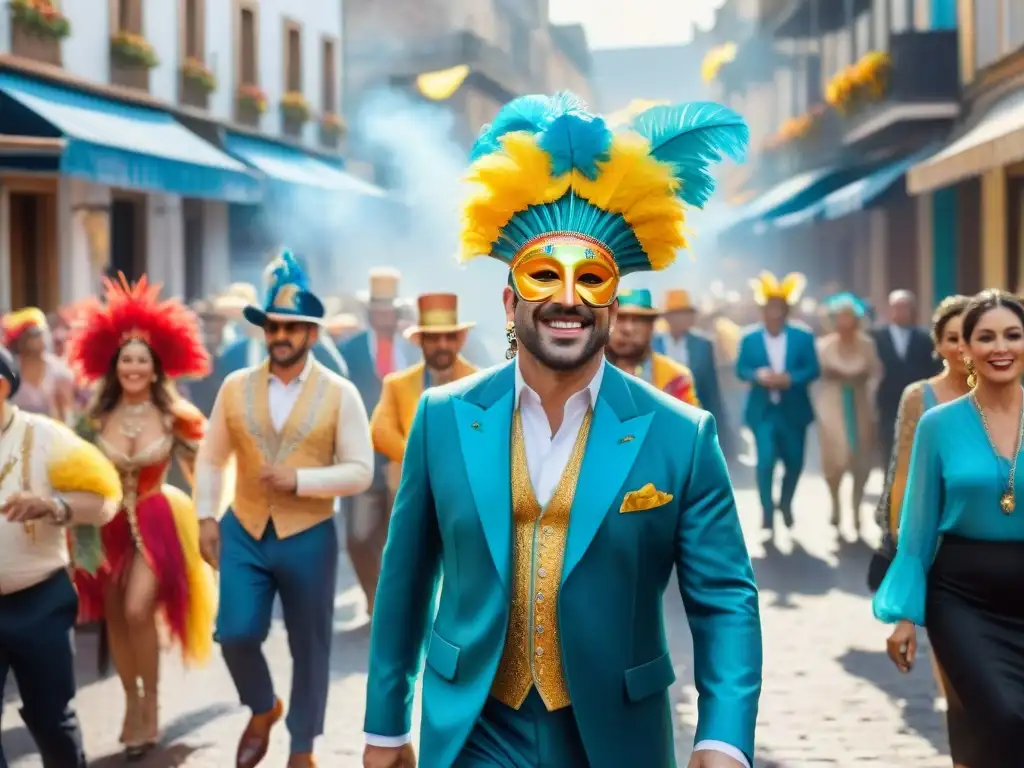 Carnaval en Uruguay: pintura acuarela vibrante y festiva Festiva calle uruguaya durante el Carnaval, con gente bailando y disfrutando