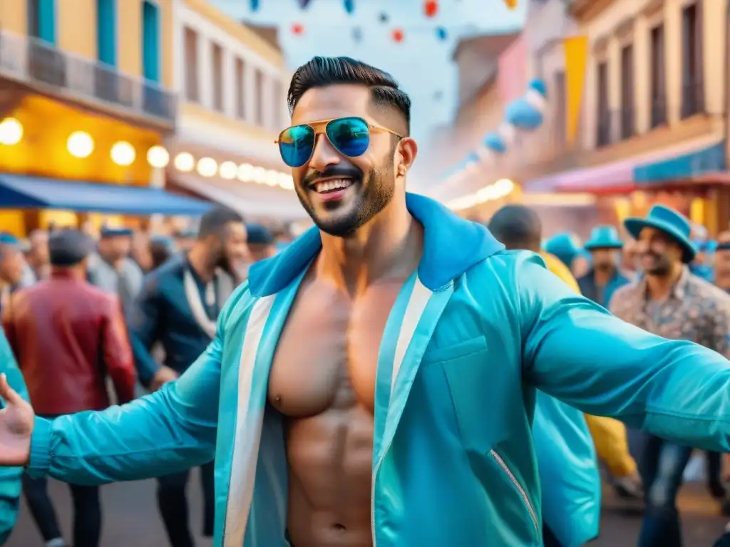 Pintura acuarela del Carnaval Uruguayo: energía vibrante y colorida Festiva y colorida calle del Carnaval Uruguayo, reflejando el auge económico y la alegría compartida