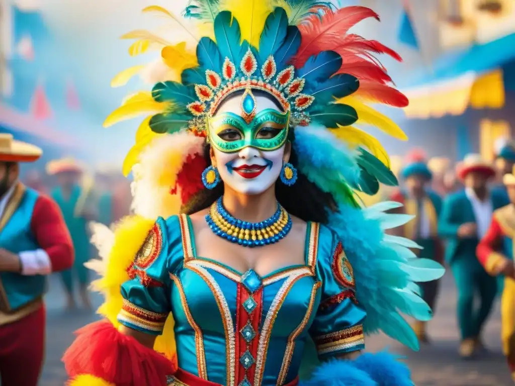 Carnaval Uruguayo: Danza y Color en Movimiento Festiva danza de Carnaval Uruguayo con trajes tradicionales y coloridos, rodeados de una multitud alegre
