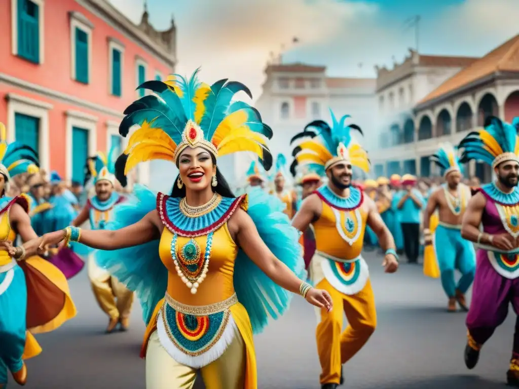 Colorido Carnaval en Uruguay: Celebración de la diversidad y la unidad Festiva danza de diversidad y alegría en el Carnaval Uruguayo, integrando minorías étnicas con coloridos trajes