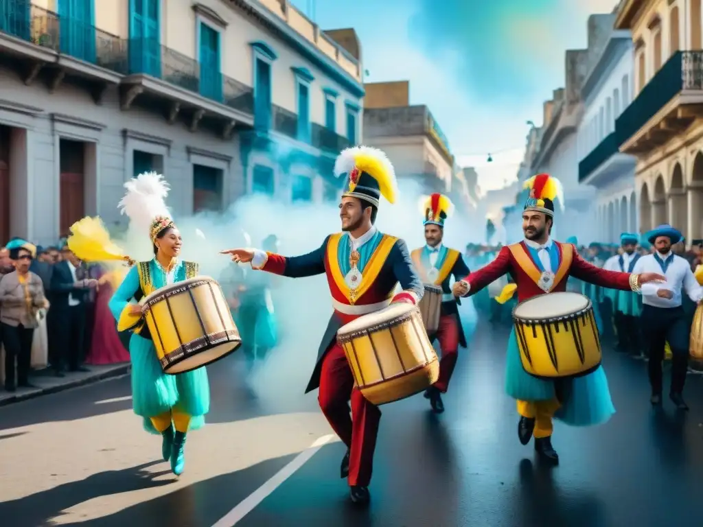 Vibrante pintura acuarela del Carnaval de Montevideo en Uruguay Festiva escena callejera del Carnaval Uruguayo, estrategia económica, con danzas coloridas y edificios coloniales
