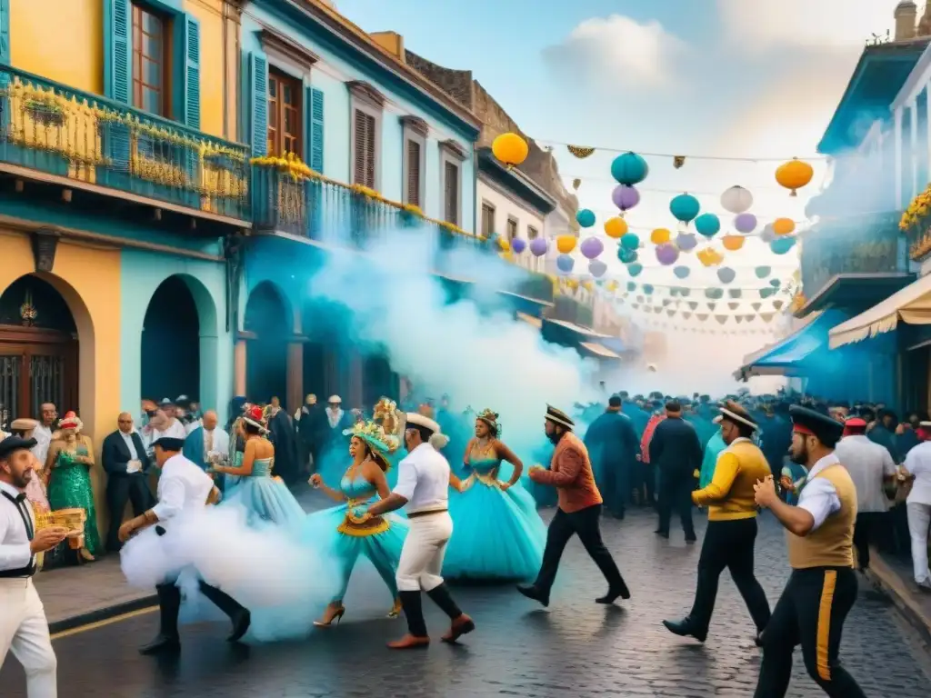 Carnaval de Uruguay: Gastronomía, Música y Colorido Festiva ruta gastronómica durante Carnaval de Uruguay con comparsas coloridas, música tradicional y sabores locales en bullicioso escenario