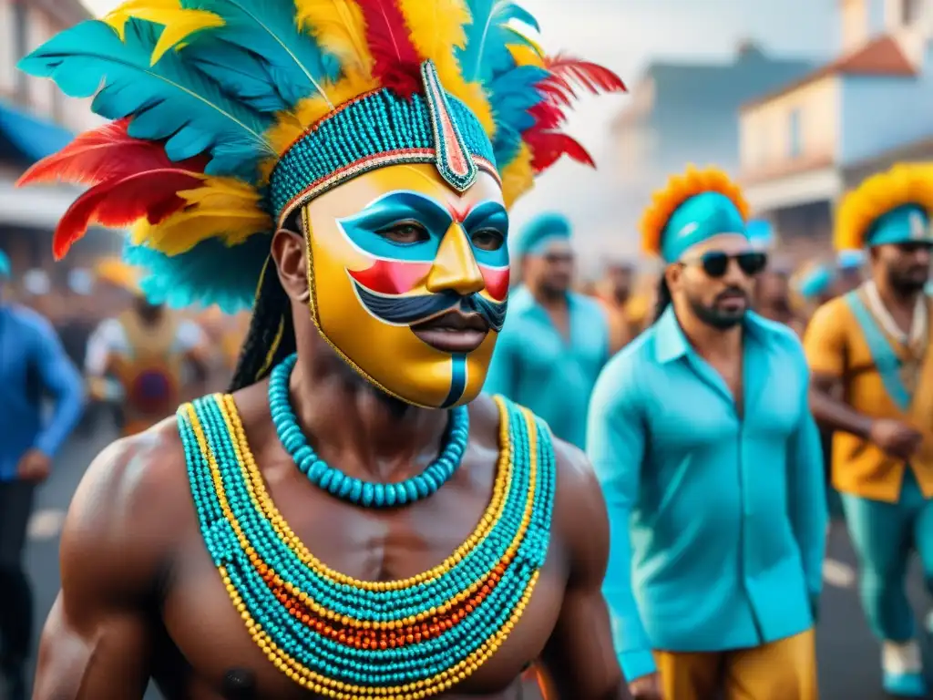 Deslumbrante Carnaval uruguayo: danzas, máscaras y colores Festival Carnaval en Uruguay con influencia africana: desfile colorido y enérgico con trajes vibrantes y máscaras tradicionales
