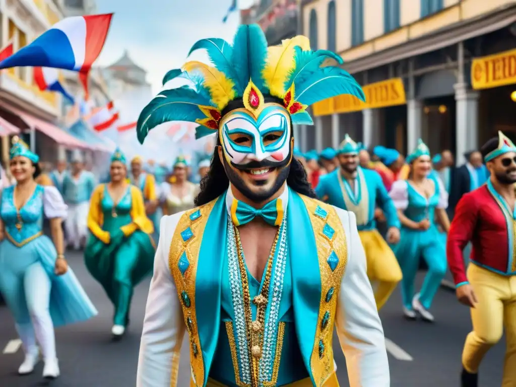 Carnaval colorido en Uruguay: alegría y tradición Festival de Carnaval en Uruguay: una pintura acuarela vibrante que muestra la alegría de la celebración con detalles intrincados