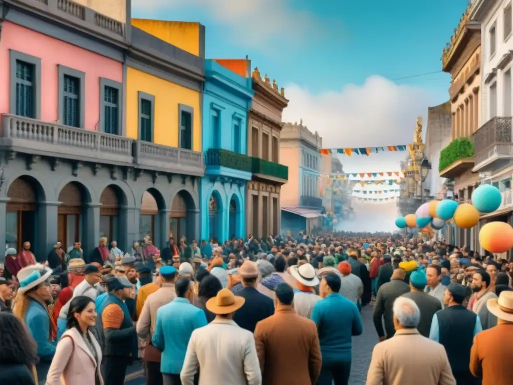 Festival en Carnaval Uruguayo: Calle vibrante con desfile de carrozas, bailarines y espectadores animados