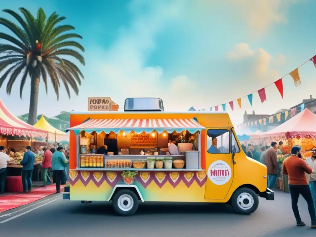 Festival gastronómico vibrante en Carnaval de Uruguay Festival de food trucks vibrante en el Carnaval de Uruguay, con detalles coloridos y una atmósfera festiva