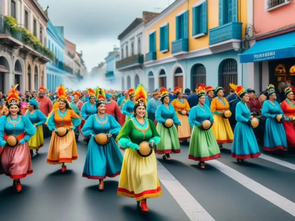 Carnaval en Uruguay: Escena vibrante y colorida Festividad llena de color y alegría en el Carnaval Uruguayo, reflejando la riqueza cultural y el espíritu comunitario del turismo sostenible