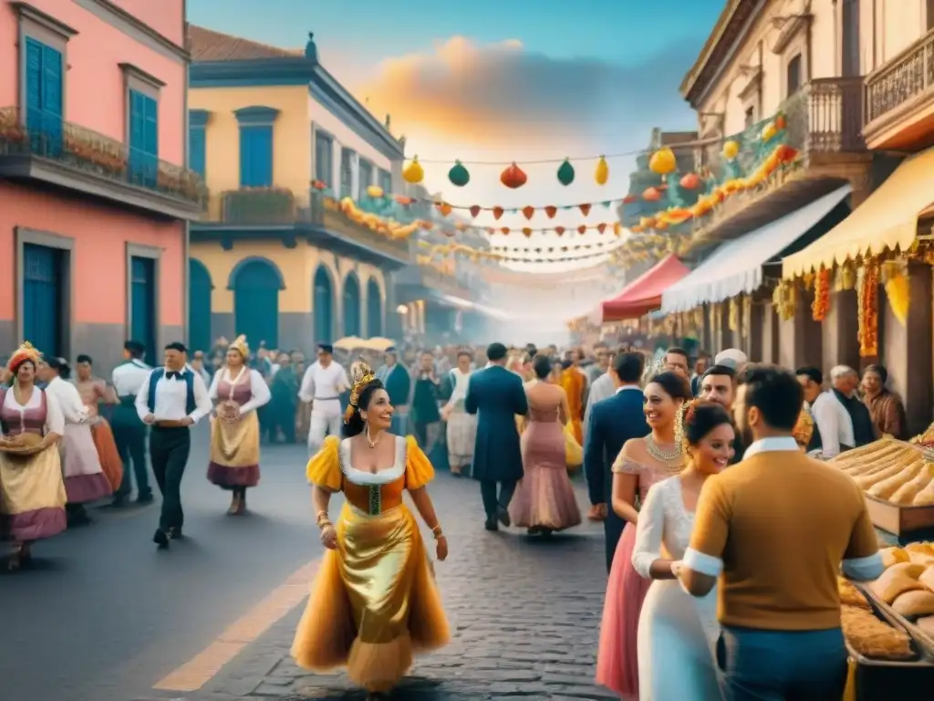 Pintura detallada del Carnaval Uruguayo: colores, bailes y Cocina Criolla Festivo Carnaval Uruguayo con Cocina Criolla, carros alegóricos, danzas y música callejera