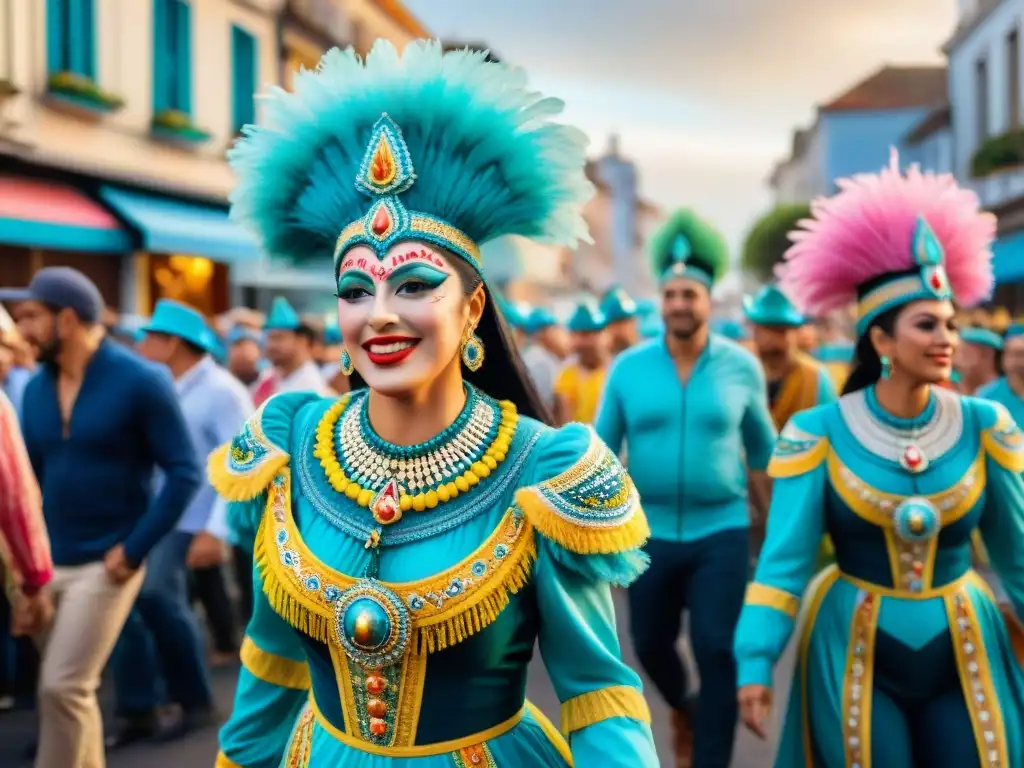 Carnaval vibrante en Uruguay: coloridos desfiles y alegría Festivo desfile de Carnaval en Uruguay con coloridos trajes y música tradicional, reflejando el turismo cultural en Carnaval Uruguayo
