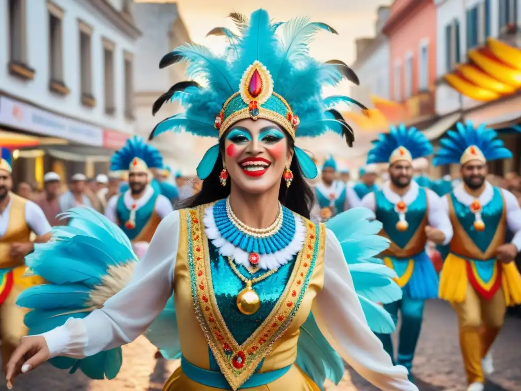 Deslumbrante desfile de carnaval en Uruguay Festivo desfile de comparsas en Uruguay, con trajes coloridos y música alegre