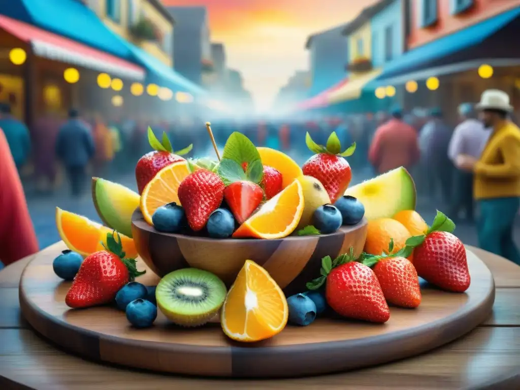 Plato de frutas vibrante en Carnaval de Uruguay Un festivo plato de frutas frescas con brillo de rocío, en un desfile de Carnaval en Uruguay