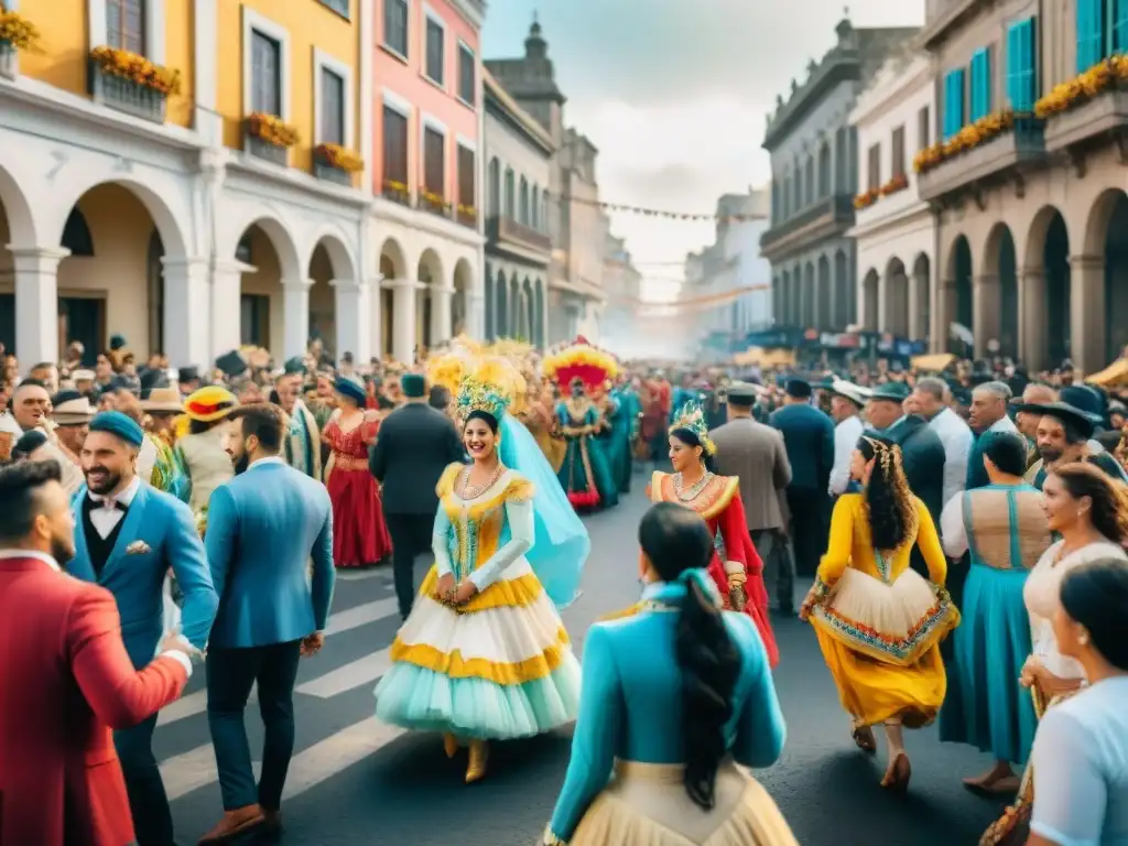 Carnaval en Uruguay: Explosión de color y alegría Fiesta en las calles de Uruguay durante el Carnaval, con coloridos desfiles y espectadores disfrutando