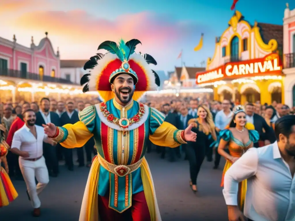Colorida celebración de carnaval en Uruguay Fiesta de Carnaval en Uruguay: multitud alegre festejando con coloridos trajes y arquitectura tradicional