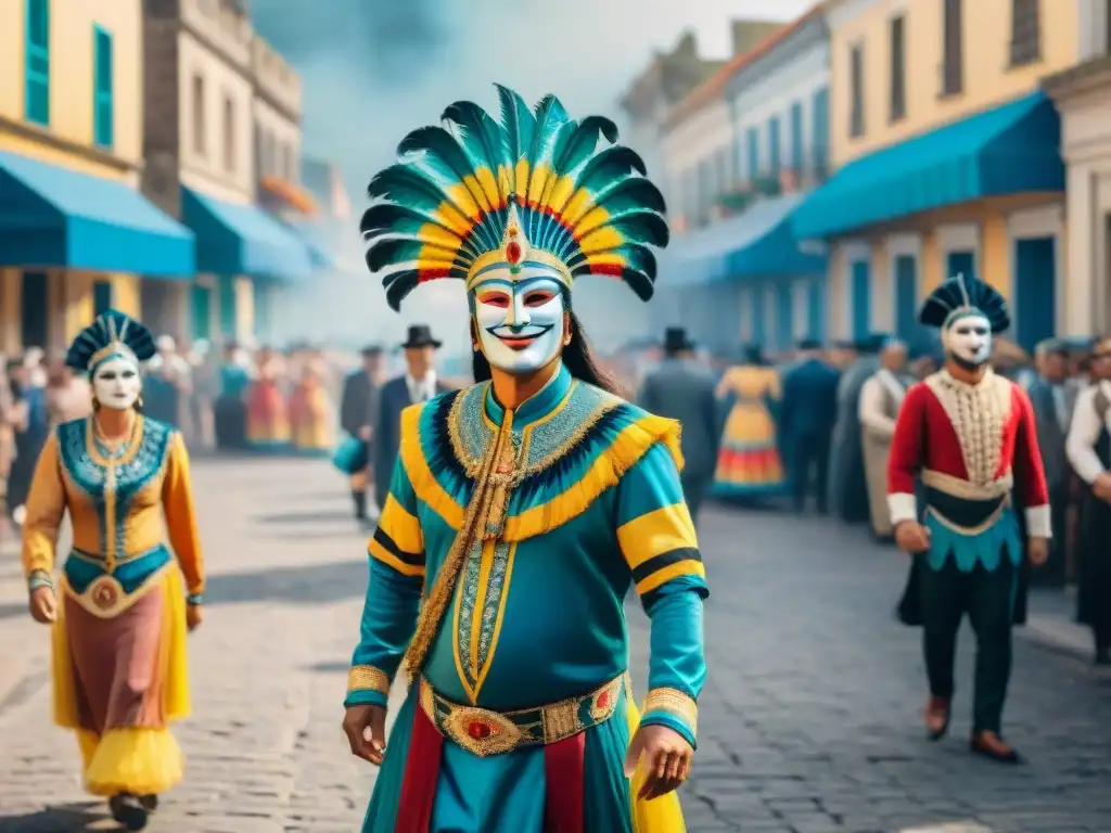 Colorida pintura acuarela del Carnaval en Uruguay Fiesta de Carnaval en Uruguay con trajes coloridos y originales figuras Carnaval Uruguayo