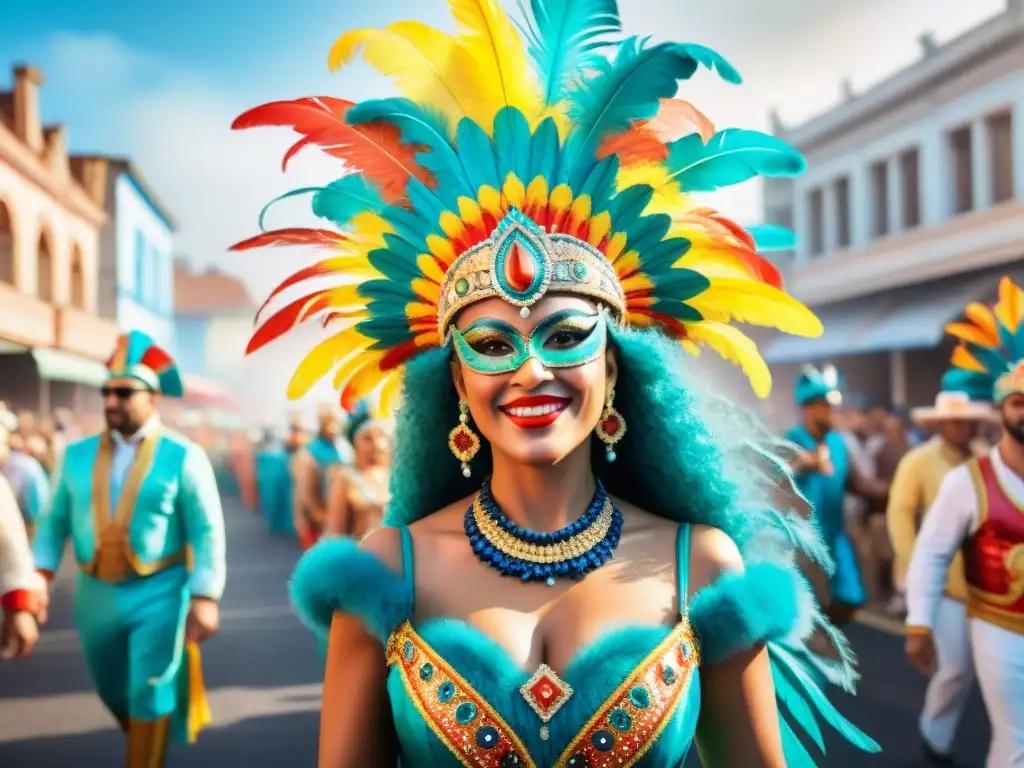 Carnaval de Uruguay: Celebración diversa y vibrante Una fiesta de colores y diversidad en el Carnaval Uruguayo, con diseño de vestuario vibrante y detallado